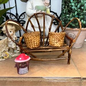 Vintage Bent-Wood Twig Bench primitive folk art with 2 woven baskets plant stand